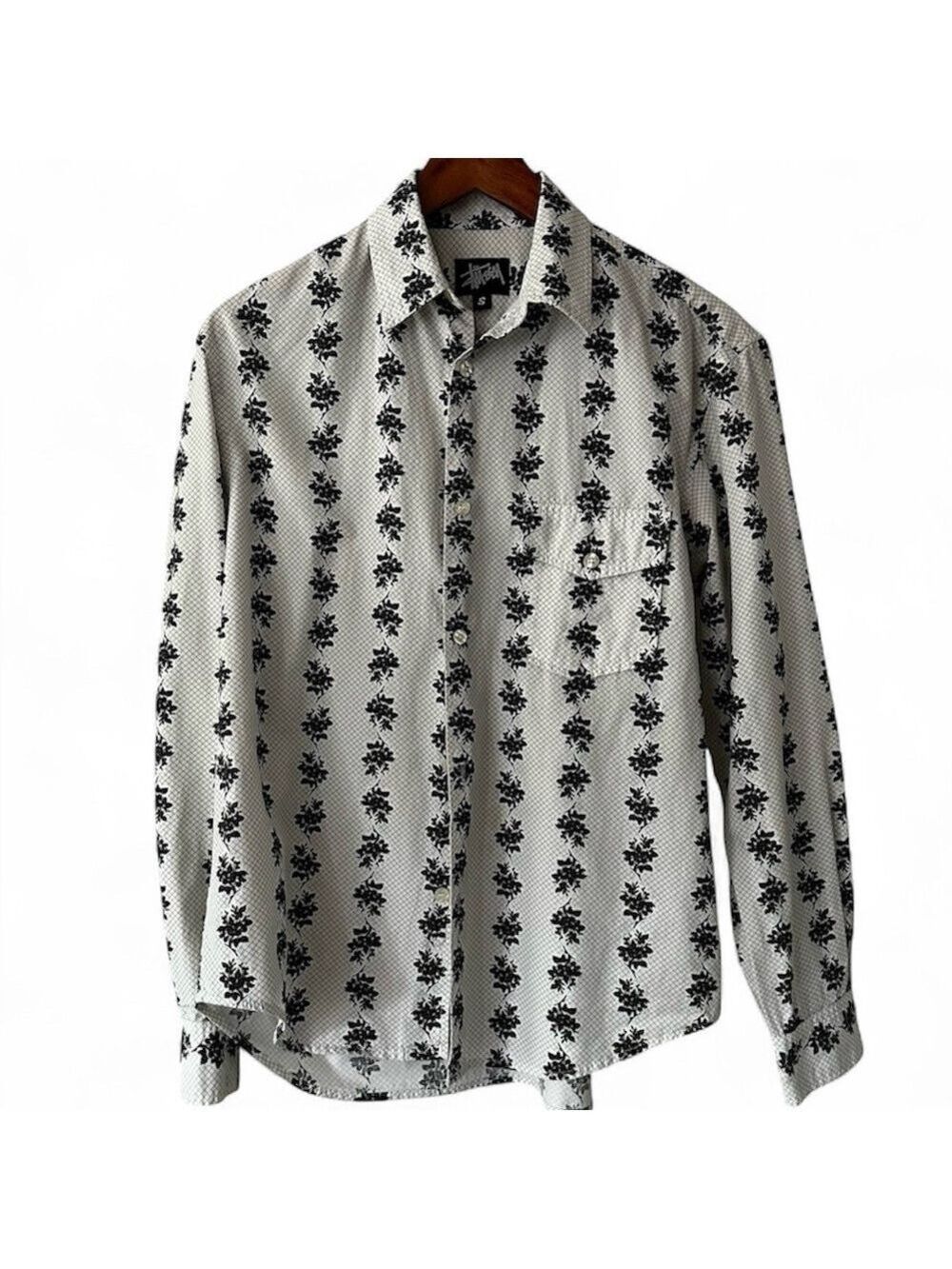 VTG Stüssy White & Black Patterned Button Down Long Sleeve Shirt sz small
